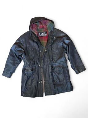 90s IOU Black Leather Hooded Jacket